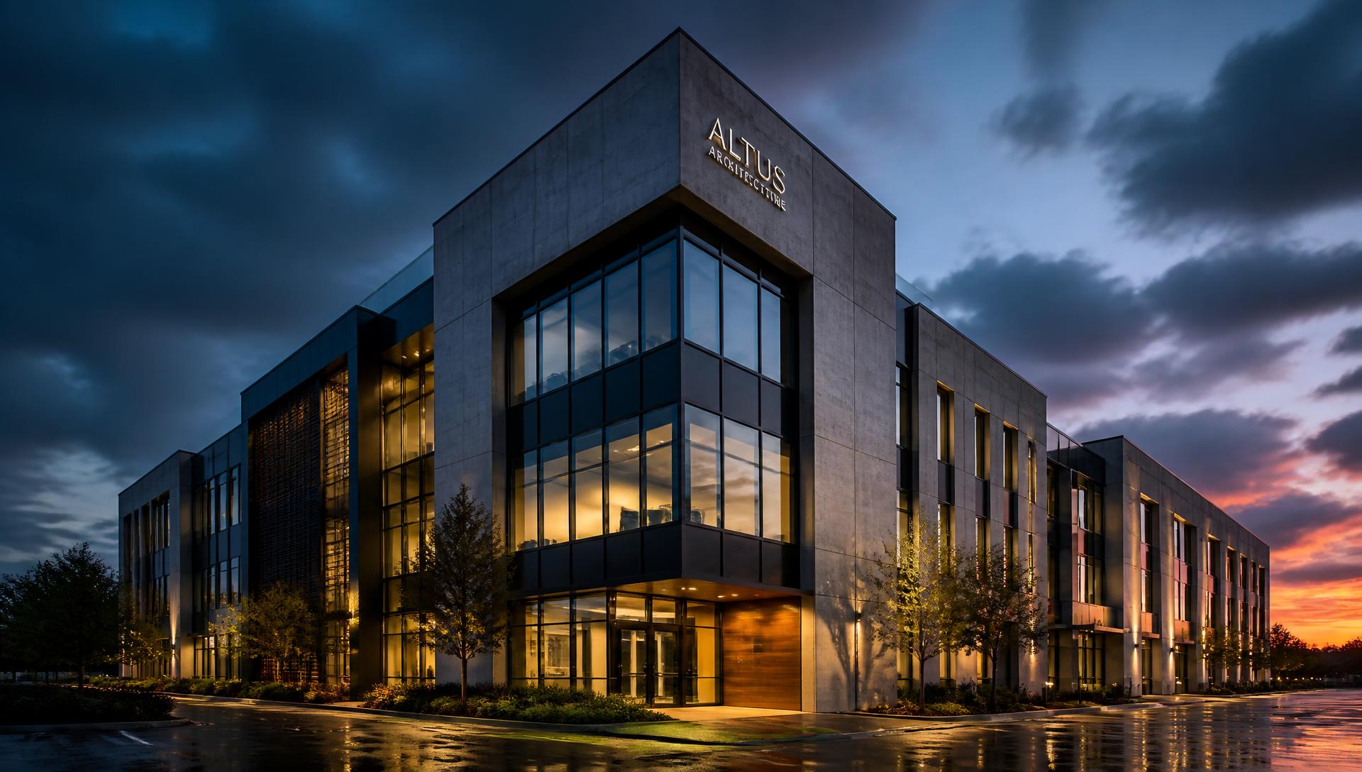 Completed commercial building at dusk