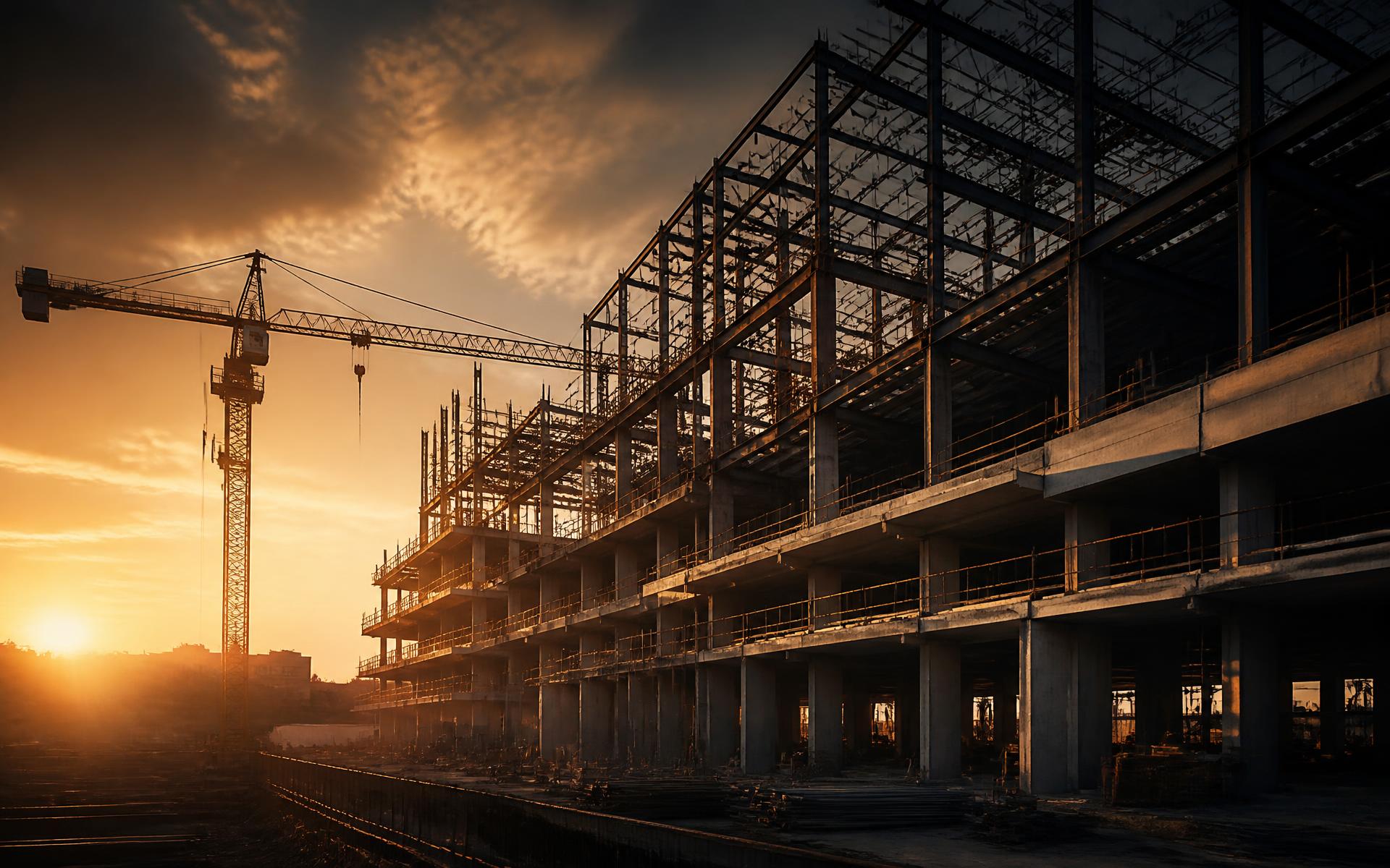 Commercial building under construction at sunrise with a tower crane and structural steel frame