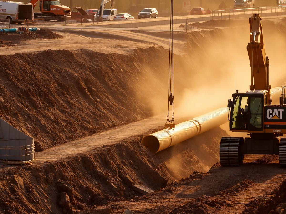 Excavator installing stormwater pipework alongside a new roadway