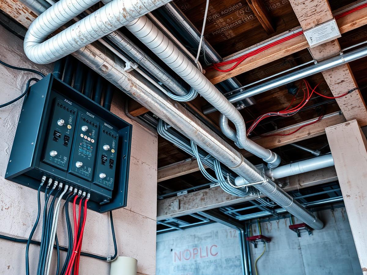 Electrical distribution board and conduit installation in a building under construction