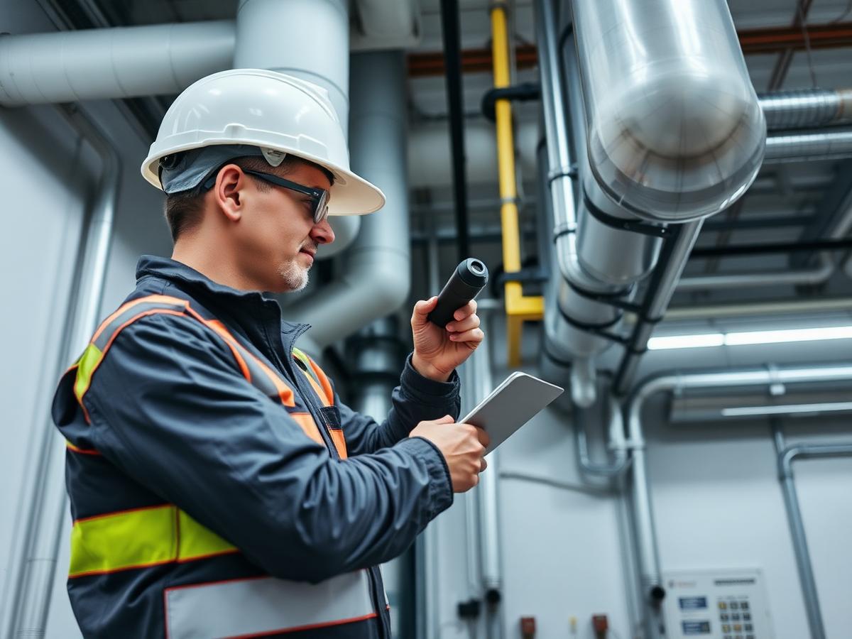 Technician inspecting building services plant in an industrial plant room