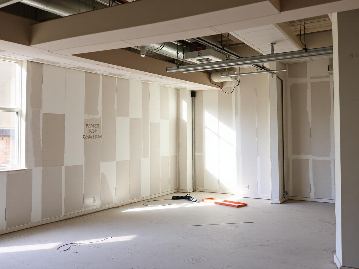 Commercial interior mid-refurbishment with new drywall and services installed