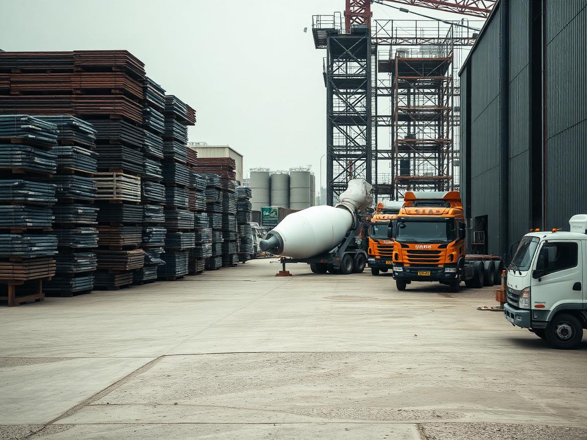Construction materials laydown yard with stacked steel and delivery vehicles